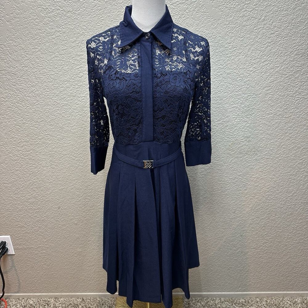 MissMay Retro Gorgeous City Blue Women's Size Medium M Lace Pleated Sheath Dress